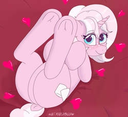 Size: 3279x3000 | Tagged: safe, alternate version, artist:marshmallowfluff, oc, oc only, oc:marshmallow fluff, pony, unicorn, bed, blushing, dock, featureless crotch, freckles, frog (hoof), high res, looking at you, lying down, on back, on bed, smiling, tail, underhoof