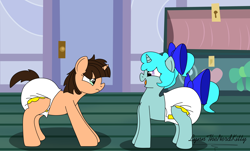 Size: 5030x3030 | Tagged: safe, artist:small-brooke1998, oc, oc:diaper bow, oc:small brooke, pony, unicorn, bow, diaper, female, filly, hair bow, meeting, open mouth, open smile, poofy diaper, request, tail bow, younger