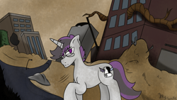 Size: 1920x1080 | Tagged: safe, artist:inky scroll, oc, oc only, oc:inky scroll, pony, unicorn, destroyed building, glasses, looking at you, male, solo, stallion, wasteland