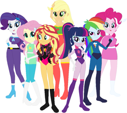 Size: 805x717 | Tagged: safe, artist:selenaede, artist:sturk-fontaine, applejack, fluttershy, pinkie pie, rainbow dash, rarity, sci-twi, sunset shimmer, twilight sparkle, equestria girls, g4, my little pony equestria girls: better together, base used, big breasts, boots, breasts, busty applejack, busty pinkie pie, busty rarity, chubby, clothes, curvy, gloves, height difference, hourglass figure, huge breasts, humane five, humane seven, humane six, shoes, simple background, superhero, superhero costume, visor, white background