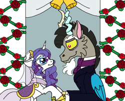 Size: 1120x908 | Tagged: safe, artist:rosefang16, discord, rarity, draconequus, pony, unicorn, g4, clothes, dress, female, holding hooves, male, marriage, raricord, shipping, straight, suit, wedding, wedding dress