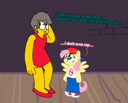 Size: 816x656 | Tagged: safe, artist:haileykitty69, fluttershy, human, pegasus, pony, g4, bipedal, boyfriend (friday night funkin), clothes, cosplay, costume, crossdressing, crossover, crossover shipping, duo, fluttermour, friday night funkin', girlfriend (friday night funkin), interspecies, male, seymour skinner, shipping, the simpsons