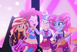 Size: 1070x719 | Tagged: safe, screencap, kiwi lollipop, pinkie pie, sunset shimmer, supernova zap, equestria girls, equestria girls specials, g4, my little pony equestria girls: better together, my little pony equestria girls: sunset's backstage pass, cymbals, drums, electric guitar, female, guitar, happy, k-lo, music festival outfit, musical instrument, postcrush, smiling, su-z