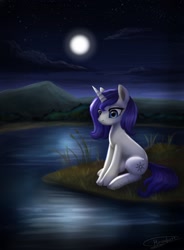 Size: 1588x2160 | Tagged: safe, artist:megabait, oc, pony, female, lonely, moon, mountain, night, river
