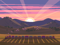 Size: 800x600 | Tagged: safe, artist:rangelost, cyoa:d20 pony, evening, no pony, pixel art, scenery, sky, sunset, train