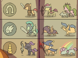 Size: 800x600 | Tagged: safe, artist:rangelost, oc, oc only, oc:trailblazer, earth pony, pegasus, pony, unicorn, cyoa:d20 pony, pixel art, sword, weapon