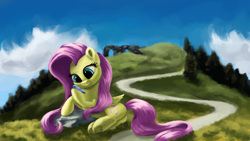 Size: 4000x2250 | Tagged: safe, artist:flusanix, fluttershy, bird, pegasus, pony, g4, butt, female, flutterbutt, frog (hoof), lying down, mare, on side, plot, solo, underhoof