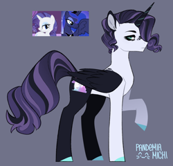 Size: 1244x1193 | Tagged: safe, artist:pandemiamichi, princess luna, rarity, oc, alicorn, pony, g4, clothes, colored wings, magical lesbian spawn, male, offspring, parent:princess luna, parent:rarity, parents:rariluna, socks, stallion, wings