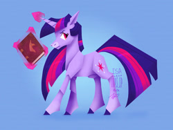Size: 1280x960 | Tagged: safe, artist:laps-sp, twilight sparkle, pony, unicorn, g4, blue background, book, magic, simple background, solo, unicorn twilight