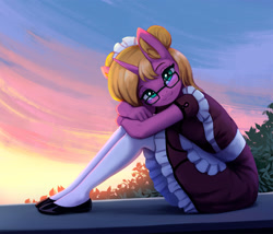 Size: 1900x1630 | Tagged: safe, artist:mrscroup, oc, oc only, oc:bright star, unicorn, anthro, blushing, clothes, cute, dress, flats, glasses, looking at you, maid, meganekko, shoes, sitting, smiling, smiling at you, solo, stockings, sunrise, thigh highs