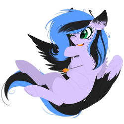Size: 2449x2449 | Tagged: safe, artist:mediasmile666, oc, oc only, pegasus, pony, chest fluff, colored ears, female, flying, high res, jewelry, mare, pendant, simple background, smiling, solo, transparent background, two toned wings, wings