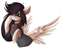Size: 2768x2167 | Tagged: safe, artist:mediasmile666, oc, oc only, pegasus, pony, boop, bust, clothes, commission, eye clipping through hair, female, floppy ears, glasses, high res, mare, self-boop, shirt, simple background, solo, spread wings, t-shirt, transparent background, wings