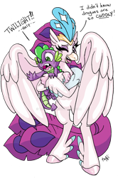Size: 800x1206 | Tagged: safe, artist:tanichan, queen novo, spike, classical hippogriff, dragon, hippogriff, my little pony: the movie, beak, colored pupils, crown, cute, deviantart watermark, dialogue, eyelashes, feather, female, green eyes, hape, hug, jewelry, male, novobetes, obtrusive watermark, one eye closed, open mouth, personal space invasion, purple eyes, regalia, simple background, smiling, tail, transparent background, watermark, wings, wink