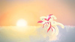 Size: 3840x2160 | Tagged: safe, artist:syntriax, oc, oc only, oc:candy rain, pegasus, pony, cloud, cloudy, female, flying, high res, mare, multicolored mane, multicolored tail, scarf, solo, sunset