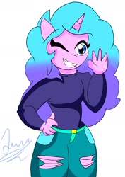 Size: 1000x1414 | Tagged: safe, artist:juanluuis8, izzy moonbow, anthro, g5, clothes, greetings, horn, jean, one eye closed, raised arm, shirt, smiling, wink, wrong eye color