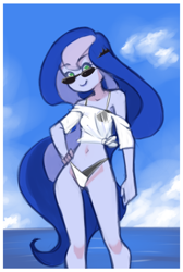 Size: 980x1460 | Tagged: safe, artist:drantyno, princess luna, vice principal luna, human, equestria girls, g4, adorasexy, beach, bikini, breasts, clothes, cute, delicious flat chest, flatuna, front knot midriff, hand on hip, legs, looking at you, midriff, ocean, sexy, shirt, sky, smiling, smiling at you, solo, sunglasses, swimsuit, t-shirt