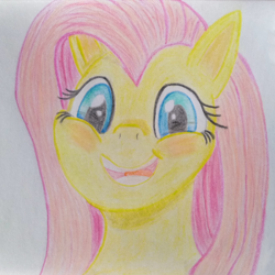 Size: 1024x1026 | Tagged: safe, artist:hofdawn, fluttershy, pony, g4, blushing, colored pencil drawing, cute, daaaaaaaaaaaw, esophagus, looking at you, open mouth, shyabetes, slimy, smiling, smiling at you, solo, traditional art