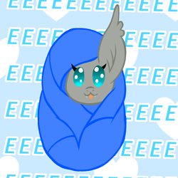 Size: 1378x1378 | Tagged: safe, artist:chubbehbunneh16, oc, oc only, bat pony, pony, :3, :p, baby eyes, bat pony oc, blanket, cute, eeee, female, filly, foal, impossibly large ears, newborn, simple background, solo, tongue out