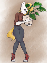 Size: 958x1280 | Tagged: safe, artist:louraa, oc, oc only, earth pony, anthro, plantigrade anthro, clothes, converse, digital art, female, pants, shirt, shoes, simple background, solo, tail, thighs, wide hips