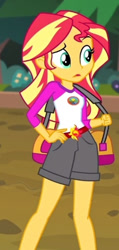Size: 227x478 | Tagged: safe, screencap, sunset shimmer, equestria girls, g4, my little pony equestria girls: legend of everfree, clothes, cropped, denim shorts, female, hand on hip, jumper, legs, multicolored hair, shorts, solo, teal eyes, tree