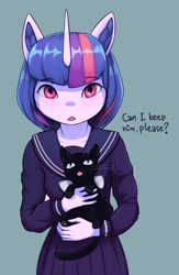 Size: 1749x2686 | Tagged: safe, artist:mrscroup, twilight sparkle, cat, anthro, g4, clothes, japanese school uniform, looking at you, school uniform, skirt, solo