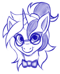 Size: 2282x2806 | Tagged: safe, artist:btbunny, oc, oc:ambiguity, pony, unicorn, bowtie, femboy, glasses, high res, horn, male, monochrome, two toned hair