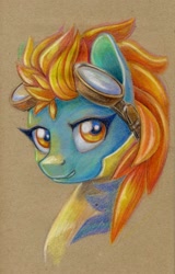 Size: 639x1000 | Tagged: safe, artist:maytee, lightning dust, pegasus, pony, g4, bust, clothes, colored pencil drawing, goggles, portrait, solo, traditional art, uniform, wonderbolt trainee uniform