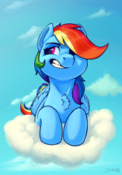 Size: 2800x4000 | Tagged: safe, artist:silverhopexiii, rainbow dash, pegasus, pony, g4, chest fluff, cloud, female, gritted teeth, hair over one eye, high res, lying down, mare, on a cloud, prone, sky, solo
