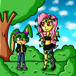 Size: 600x600 | Tagged: safe, artist:ninpeachlover, fluttershy, oc, oc:envy the rabbit, human, equestria girls, g4, ponies of dark water, barely eqg related, bush, clothes, corrupted fluttershy, crossover, dark fluttershy, dark theme, leaves, poison ivyshy, red eyes, sonic the hedgehog (series), tree, vine
