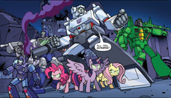 Size: 788x455 | Tagged: safe, artist:jack lawrence, fluttershy, pinkie pie, twilight sparkle, alicorn, cybertronian, earth pony, pegasus, pony, robot, g4, idw, the magic of cybertron, spoiler:comic, spoiler:friendship in disguise, acid storm, cybertron, dark magic, decepticon, female, frenzy, glowing eyes, implied king sombra, magic, male, mare, megatron, mind control, reflector, sombrafied, transformers, twilight sparkle (alicorn)