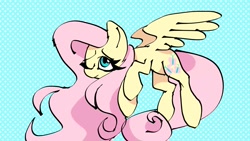 Size: 2048x1152 | Tagged: safe, artist:wutanimations, fluttershy, pegasus, pony, g4, flying, one eye closed, pattern, simple background, solo