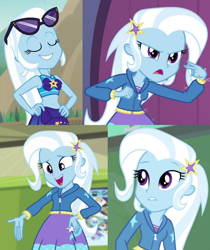 Size: 1008x1200 | Tagged: safe, trixie, equestria girls, equestria girls specials, g4, my little pony equestria girls: better together, my little pony equestria girls: forgotten friendship, my little pony equestria girls: rainbow rocks, belly button, clothes, collage, comparison, sarong, sunglasses, swimsuit