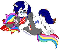 Size: 1200x1020 | Tagged: safe, artist:jennieoo, oc, oc:dazzle flash, oc:phantasia, pegasus, pony, unicorn, bedroom eyes, butt, female, glasses, lesbian, looking at you, on top, plot, ribbon, show accurate, simple background, spread legs, spreading, transparent background, vector