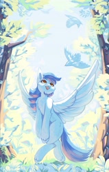 Size: 2500x3923 | Tagged: safe, artist:peachmayflower, oc, oc only, oc:gabriel, bird, pegasus, pony, blue mane, blue tail, flying, forest, high res, looking up, mane, open mouth, solo, spread wings, tail, tree, wings