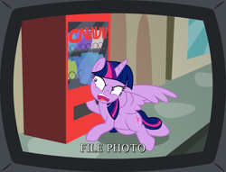 Size: 2584x1975 | Tagged: safe, artist:badumsquish, derpibooru exclusive, twilight sparkle, alicorn, pony, g4, angry, candy, caption, crt tv, female, file photo, food, glare, high res, lying down, majestic as fuck, male, open mouth, prone, purple smart, reaching, show accurate, simpsons did it, solo, spread wings, squishy cheeks, street, television, text, the simpsons, twilight sparkle (alicorn), vending machine, window, wings, written equestrian, yelling