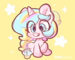Size: 1280x1024 | Tagged: safe, artist:oofycolorful, oc, oc only, oc:oofy colorful, pony, candle, chest fluff, chibi, cupcake, food, licking, licking lips, smiling, solo, tongue out