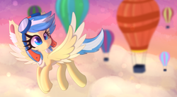 Size: 5672x3141 | Tagged: safe, artist:windykirin, oc, oc only, oc:easy breezy, pegasus, pony, absurd resolution, cloud, female, flying, goggles, hot air balloon, long eyelashes, solo, sunset, wings