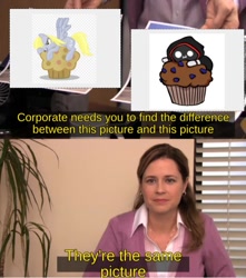 Size: 609x688 | Tagged: safe, artist:henwydafish, derpy hooves, human, g4, :3, badboyhalo, food, meme, minecraft, muffin, one eye closed, pam beesly, the office, they're the same picture