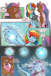 Size: 960x1440 | Tagged: safe, artist:cold-blooded-twilight, rainbow dash, twilight sparkle, pegasus, pony, unicorn, semi-anthro, cold blooded twilight, comic:cold storm, g4, arm hooves, bipedal, blushing, chest fluff, clothes, comic, condensation, dialogue, female, holding, holding hooves, laughing, leggings, lesbian, looking at each other, magic, mud, mud mask, one eye closed, one eye covered, pegasus magic, ship:twidash, shipping, smiling, socks, speech bubble, splashing, spread wings, stockings, thigh highs, unicorn twilight, wet, wings, wink