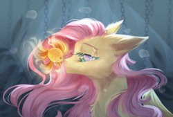 Size: 1280x864 | Tagged: safe, artist:muna, fluttershy, fish, goldfish, pegasus, pony, g4, bubble, bust, chains, chest fluff, coral, crepuscular rays, crying, digital art, ear fluff, feather, female, floppy ears, flowing mane, folded wings, glowing, lidded eyes, looking at something, mare, melancholy, ocean, pink mane, profile, seaweed, solo, sunlight, swimming, teary eyes, underwater, water, watershy, wings