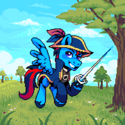 Size: 900x900 | Tagged: safe, artist:hikkage, oc, oc only, oc:andrew swiftwing, oc:swift sail, pegasus, pony, animated, clothes, coat, feather, flying, gif, grass, grin, hat, horn, male, pixel art, rapier, sailor, smiling, solo, stallion, swashbuckler, sword, tree, tricorn, tricorne, weapon, wings