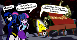 Size: 3631x1875 | Tagged: safe, artist:dan232323, sci-twi, twilight sparkle, human, equestria girls, g4, bill cipher, crossover, female, gravity falls, high res, male, music, musical instrument, piano, raven (dc comics), singing, tara strong, teen titans, voice actor joke