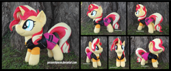 Size: 4215x1754 | Tagged: safe, artist:peruserofpieces, sunset shimmer, pony, unicorn, equestria girls, g4, clothes, equestria girls outfit, equestria girls ponified, female, high res, irl, looking at you, mare, photo, plushie, ponified, shirt, skirt, smiling, smiling at you, standing, tree, vest