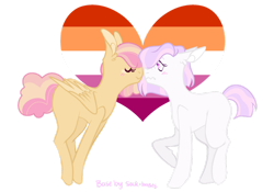 Size: 1280x896 | Tagged: safe, artist:katelynleeann42, oc, oc only, oc:careless whisper, oc:morning dewdrop, earth pony, pegasus, pony, boop, female, lesbian, lesbian pride flag, mare, noseboop, pride, pride flag