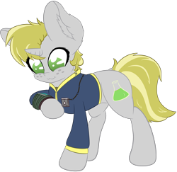 Size: 3402x3306 | Tagged: safe, artist:beigedraws, oc, oc only, pony, unicorn, fallout equestria, clothes, fallout, high res, jumpsuit, pipboy, pipbuck, simple background, solo, transparent background, vault suit
