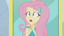 Size: 3410x1920 | Tagged: safe, screencap, fluttershy, equestria girls, equestria girls series, g4, so much more to me, female, geode of fauna, hairpin, jewelry, magical geodes, necklace, open mouth, scared, solo