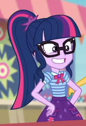 Size: 841x1236 | Tagged: safe, screencap, sci-twi, sunset shimmer, twilight sparkle, equestria girls, equestria girls specials, g4, my little pony equestria girls: better together, my little pony equestria girls: rollercoaster of friendship, adorkable, clothes, cropped, cute, cutie mark on clothes, geode of telekinesis, glasses, magical geodes, polo shirt, ponytail, sci-twiabetes, skirt, smiling, teeth, twiabetes