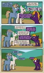 Size: 1920x3169 | Tagged: safe, artist:alexdti, oc, oc only, oc:brainstorm (alexdti), oc:purple creativity, oc:star logic, pegasus, pony, unicorn, comic:quest for friendship, ..., angry, blue eyes, comic, dialogue, female, green eyes, high res, hoof on chest, hooves, horn, implied big macintosh, looking at each other, looking at someone, looking up, male, mare, misspelling, one ear down, open mouth, outdoors, pegasus oc, raised hoof, shadow, shrunken pupils, speech bubble, spread wings, stallion, standing, tail, trio, two toned mane, two toned tail, unicorn oc, wings, yelling