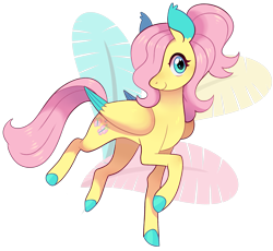 Size: 2205x2032 | Tagged: safe, artist:catbun-yt, fluttershy, pegasus, pony, g4, alternate hairstyle, blushing, colored ears, colored hooves, colored wings, colored wingtips, female, folded wings, hair over one eye, high res, looking at you, mare, ponytail, raised hoof, simple background, smiling, solo, transparent background, turned head, wings