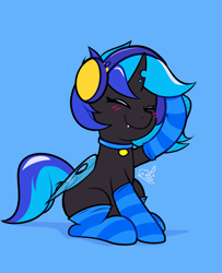 Size: 1710x2106 | Tagged: safe, artist:lilpinkghost, oc, oc only, oc:♪, changeling, blue changeling, blushing, clothes, collar, commission, eyes closed, headphones, sitting, socks, solo, striped socks